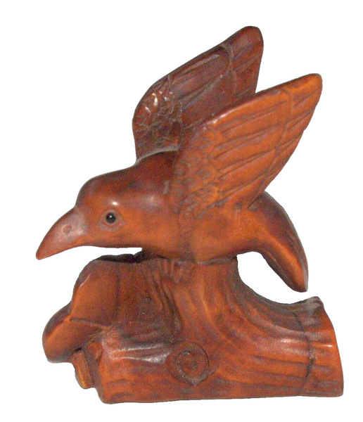 Netsuke Hand Carved Wood Figurine Hummingbird Honey on Flower Japan Signed