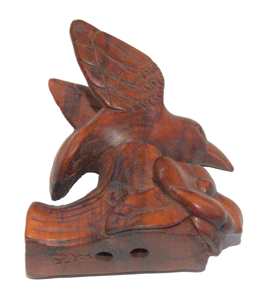Netsuke Hand Carved Wood Figurine Hummingbird Honey on Flower Japan Signed