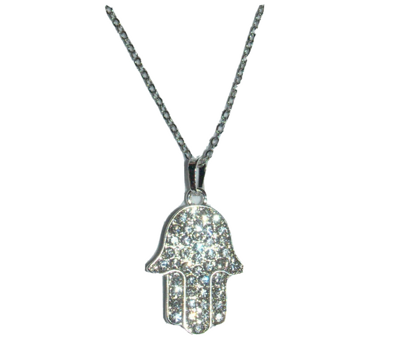 Silver Tone Hamsa Pendant w Clear Crystals Rhodium Necklace Judaica Kabbalah