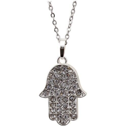 Silver Tone Hamsa Pendant w Clear Crystals Rhodium Necklace Judaica Kabbalah