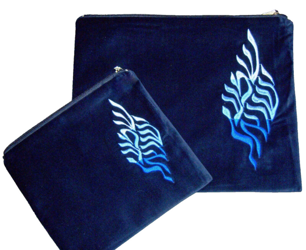 Tallit Tefillin Bag Case Set Plush Velvet Blue Shema Israel Embroidery Judaica
