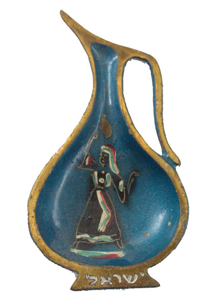Vintage Israel Judaica Small Painted Plate Trinket Tray Oil Jug Shape 1960's