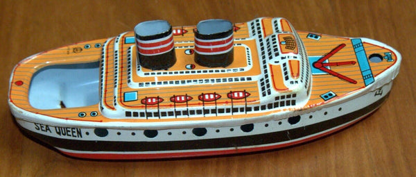 Vintage Sea Queen Tin Boat Metal Toy 1960's Steam w Accessory