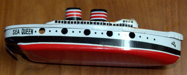 Vintage Sea Queen Tin Boat Metal Toy 1960's Steam w Accessory