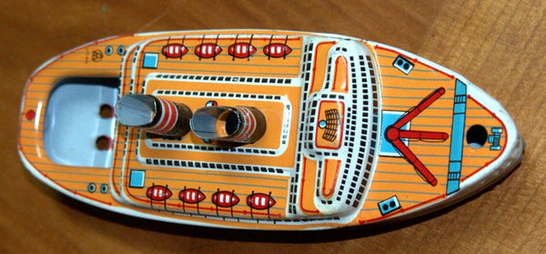 Vintage Sea Queen Tin Boat Metal Toy 1960's Steam w Accessory