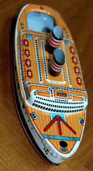 Vintage Sea Queen Tin Boat Metal Toy 1960's Steam w Accessory