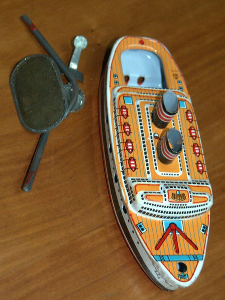 Vintage Sea Queen Tin Boat Metal Toy 1960's Steam w Accessory