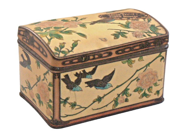 Vintage Tin Metal Box Jacob Stuve's Super nougat Floral Birds w Logo Germany