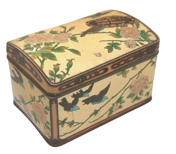Vintage Tin Metal Box Jacob Stuve's Super nougat Floral Birds w Logo Germany