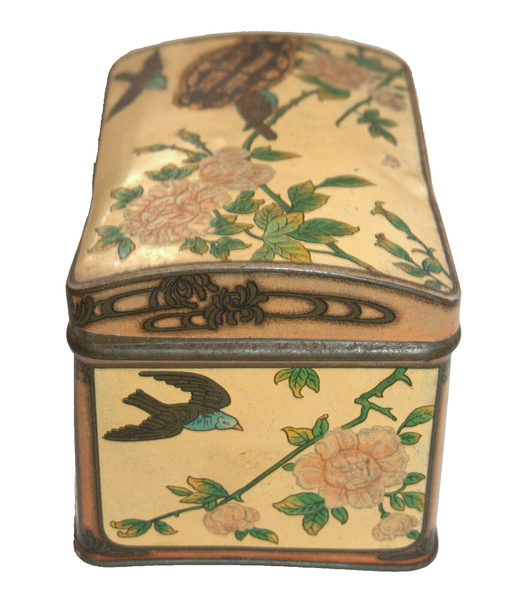 Vintage Tin Metal Box Jacob Stuve's Super nougat Floral Birds w Logo Germany