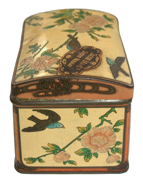 Vintage Tin Metal Box Jacob Stuve's Super nougat Floral Birds w Logo Germany