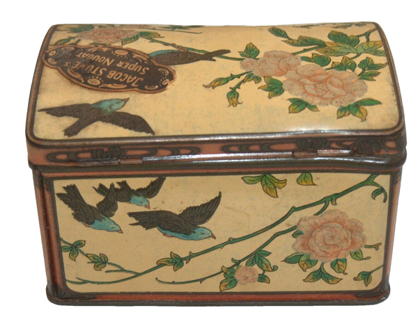 Vintage Tin Metal Box Jacob Stuve's Super nougat Floral Birds w Logo Germany