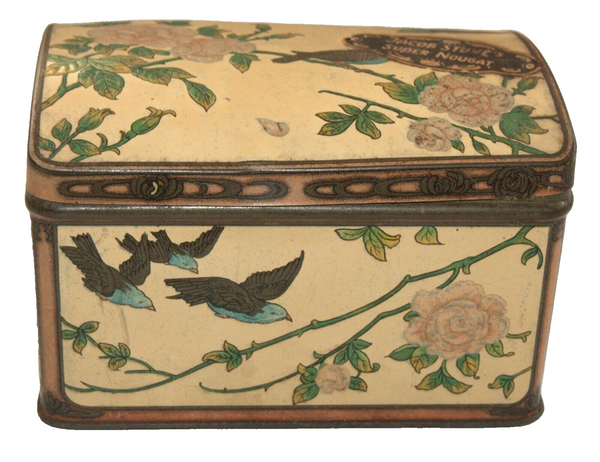 Vintage Tin Metal Box Jacob Stuve's Super nougat Floral Birds w Logo Germany