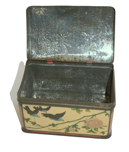 Vintage Tin Metal Box Jacob Stuve's Super nougat Floral Birds w Logo Germany