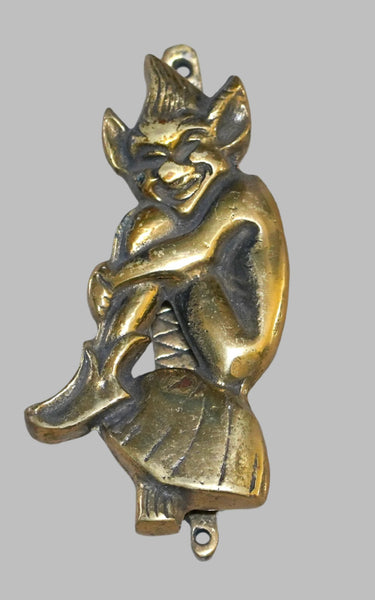 Vintage Pixie Door Knocker English Folklore Brass Elf on Mushroom