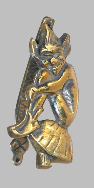 Vintage Pixie Door Knocker English Folklore Brass Elf on Mushroom