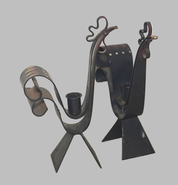 Vintage Sweden Mid Century Modern Rooster Candlestick Candle Holder Set Metal