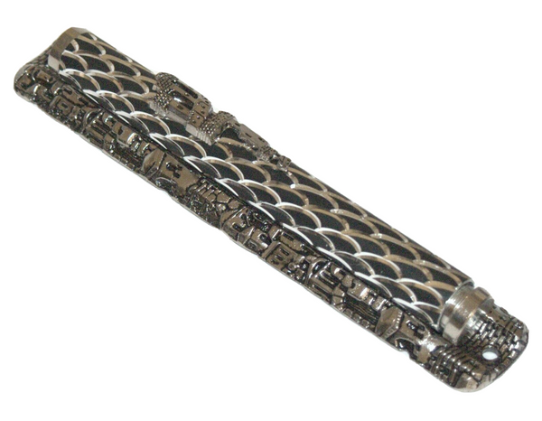 Judaica Mezuzah Case Engraved Jerusalem View Shadai Silver Tone Decorated 12 cm