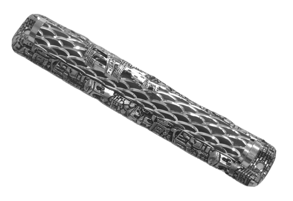 Judaica Mezuzah Case Engraved Jerusalem View Shadai Silver Tone Decorated 12 cm