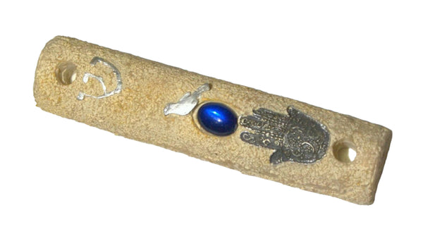 Judaica Mock Stone Handmade Mezuzah Case Hamsa Bird Blue Gem Decoration 10 cm