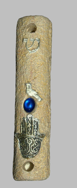 Judaica Mock Stone Handmade Mezuzah Case Hamsa Bird Blue Gem Decoration 10 cm