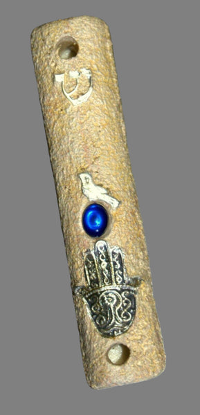 Judaica Mock Stone Handmade Mezuzah Case Hamsa Bird Blue Gem Decoration 10 cm