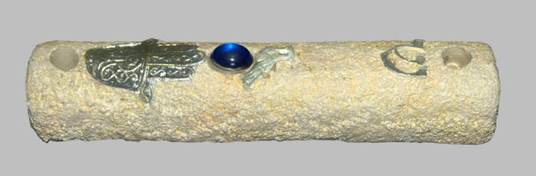 Judaica Mock Stone Handmade Mezuzah Case Hamsa Bird Blue Gem Decoration 10 cm