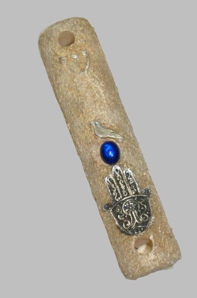 Judaica Mock Stone Handmade Mezuzah Case Hamsa Bird Blue Gem Decoration 10 cm