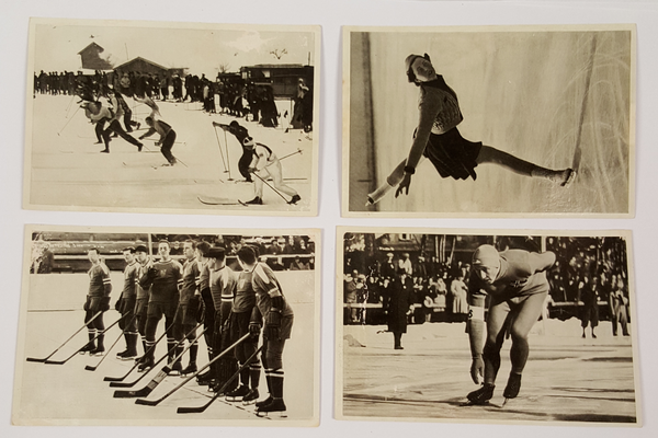 Lot of 4 Olympia 1936 Photo Cards Band I Ski USA Hockey Ivar Ballangrud Skating