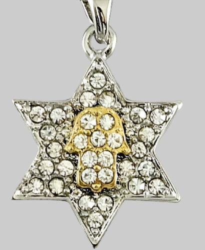 Magen David Hamsa Clear Crystals Silver Gold Rhodium Pendant & Necklace Kabbalah