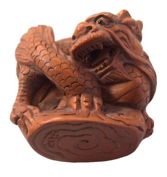 Netsuke Figurine Dragon Monster Hand Carved Wood Japan Signed