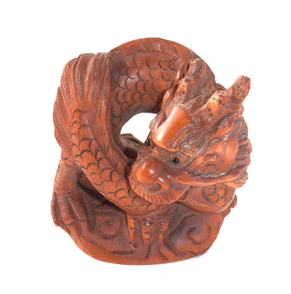 Netsuke Figurine Dragon Monster Hand Carved Wood Japan Signed