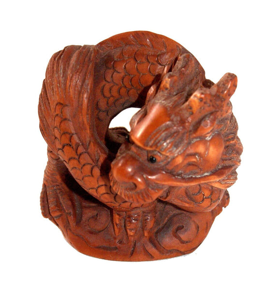 Netsuke Figurine Dragon Monster Hand Carved Wood Japan Signed