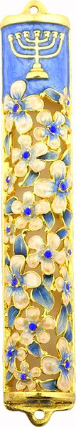 judaica-mezuzah-case-gold-enamel-decorated-jeweled-aqua-crystals-8-cm-menorah