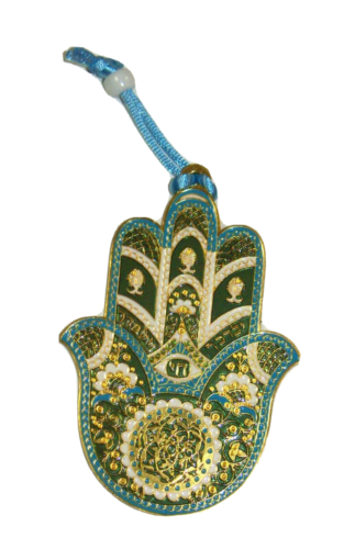 Judaica Kabbalah Hamsa Gold Plated Aqua Gree Enamel Wall Hang Evil Eye Hai