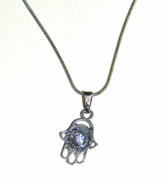 Judaica Shema Israel Rhodium Hamsa Pale Aqua Crystal Pendant & Necklace Kabbalah
