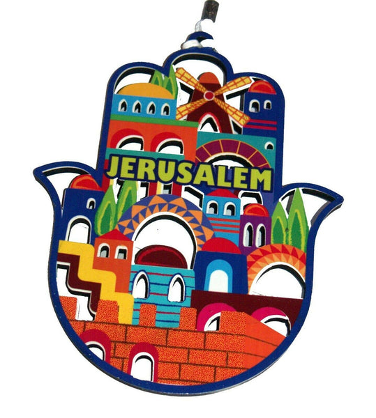 Kabbalah Judaica Hamsa Wood Cut Out Design Jerusalem View Wall Hang