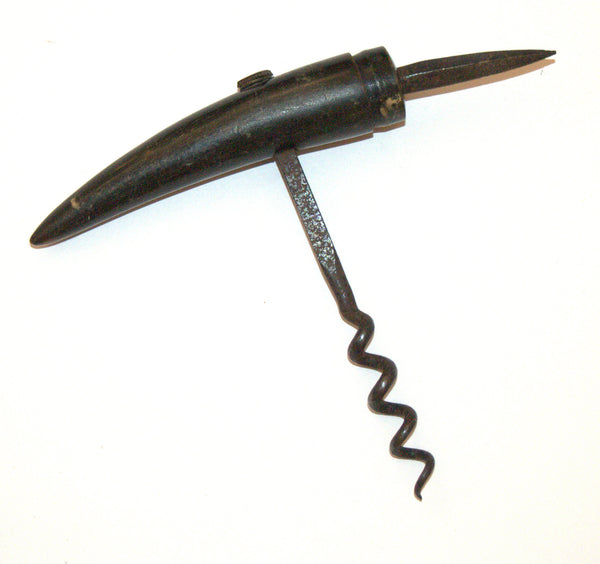 Antique Adelaide Johnson Corkscrew Black Ox Horn Metal Spike Wine Grower Tool