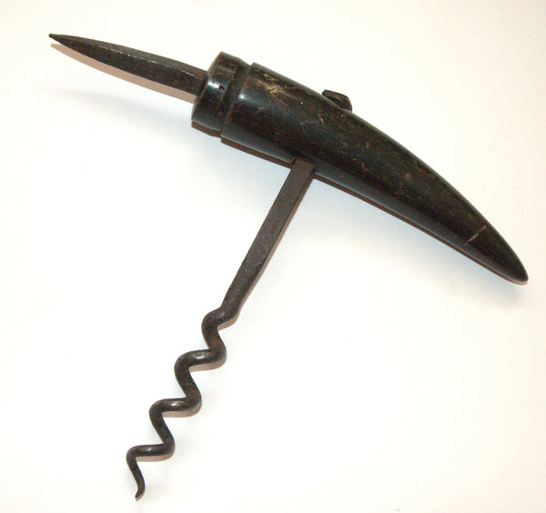 Antique Adelaide Johnson Corkscrew Black Ox Horn Metal Spike Wine Grower Tool