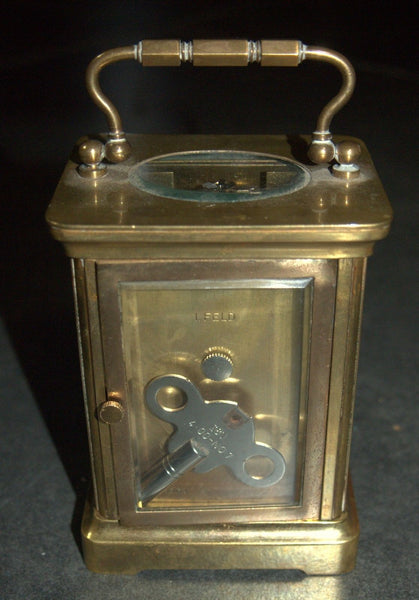 Antique British Brass Carriage Travel Mantel Clock Key Signed 1890 Roman Numeral