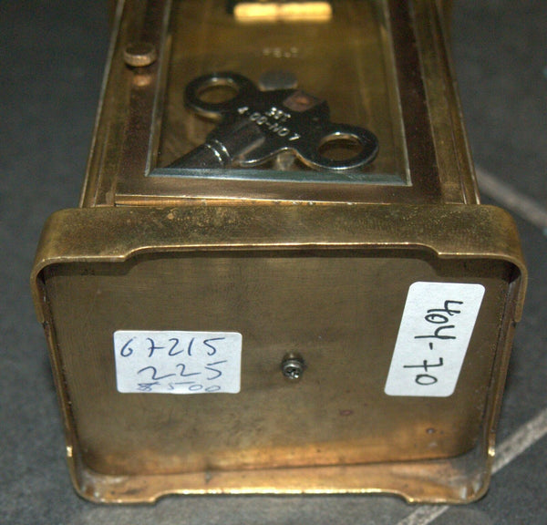 Antique British Brass Carriage Travel Mantel Clock Key Signed 1890 Roman Numeral