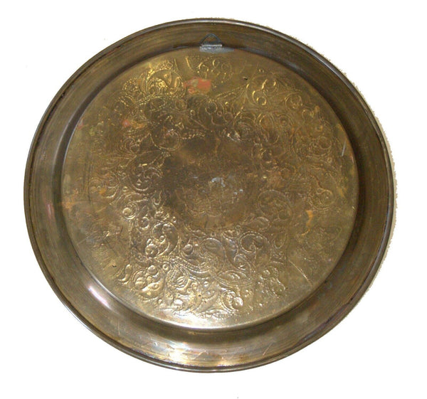Antique Islamic Brass Tray Silver & Copper Inlaid Damascus Oriental Wall Hang