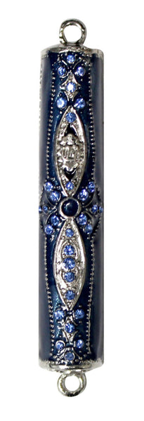 Judaica Mezuzah Case Ethnic Metal Decoration Blue Enamel Aqua Crystals SHIN 7 cm