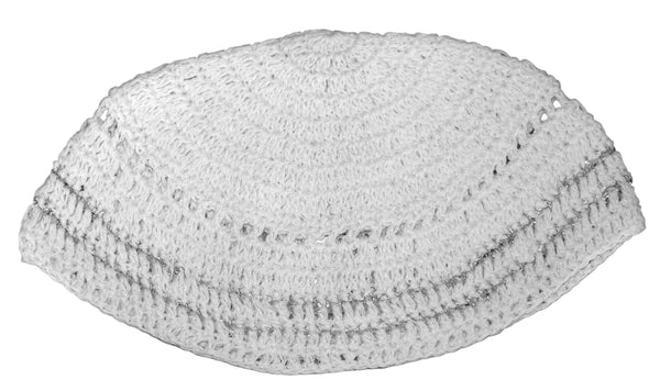 Crochet Frik Kippah Yarmulke Yamaka Crochet White Silver Stripes Israel 22 cm