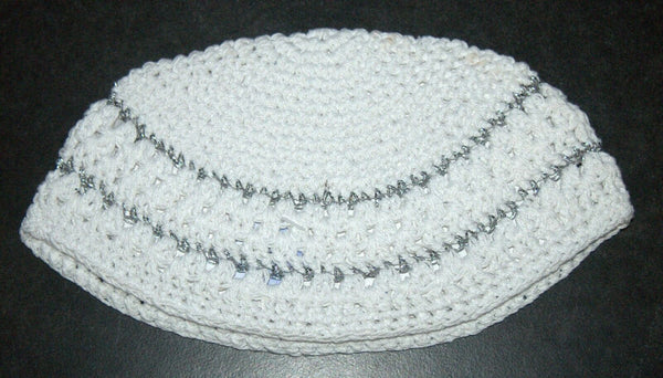 Crochet Frik Kippah Yarmulke Yamaka White Silver Stripes Israel 22 cm