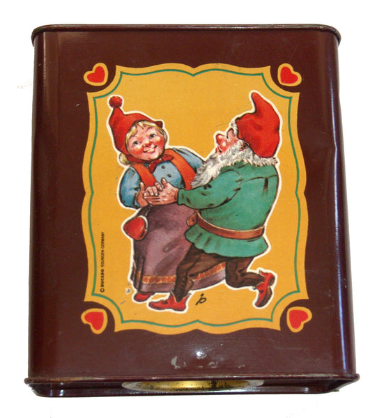 DUCADO SOLINGEN Vintage Old Coin Tin Box 2 Dwarfs Elves Dancing Stamped Germany