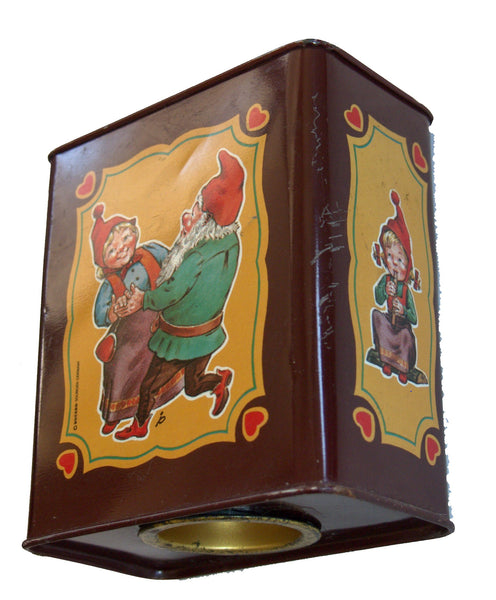 DUCADO SOLINGEN Vintage Old Coin Tin Box 2 Dwarfs Elves Dancing Stamped Germany