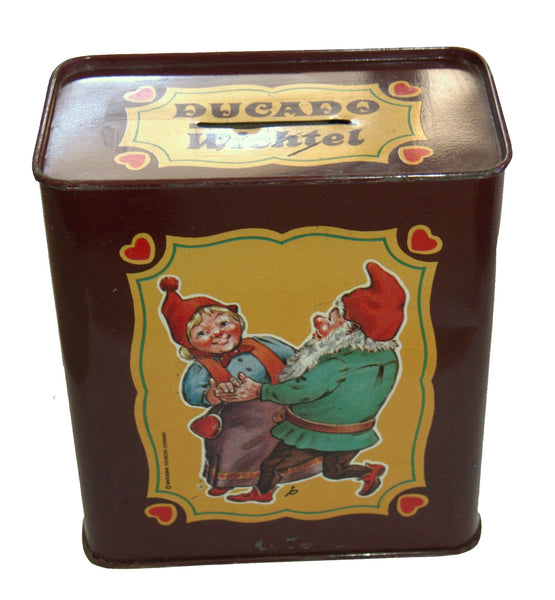 DUCADO SOLINGEN Vintage Old Coin Tin Box 2 Dwarfs Elves Dancing Stamped Germany