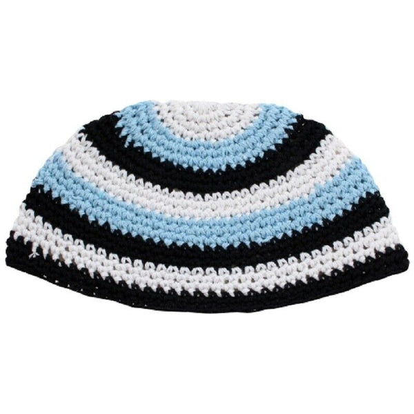 Frik Kippah Skull Cap Cotton Yamaka Crochet Aqua White Stripes Israel 22 cm