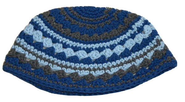 Frik Kippah Skull Cap Crochet Blue Aqua Gray Thick Knit Striped 21 cm